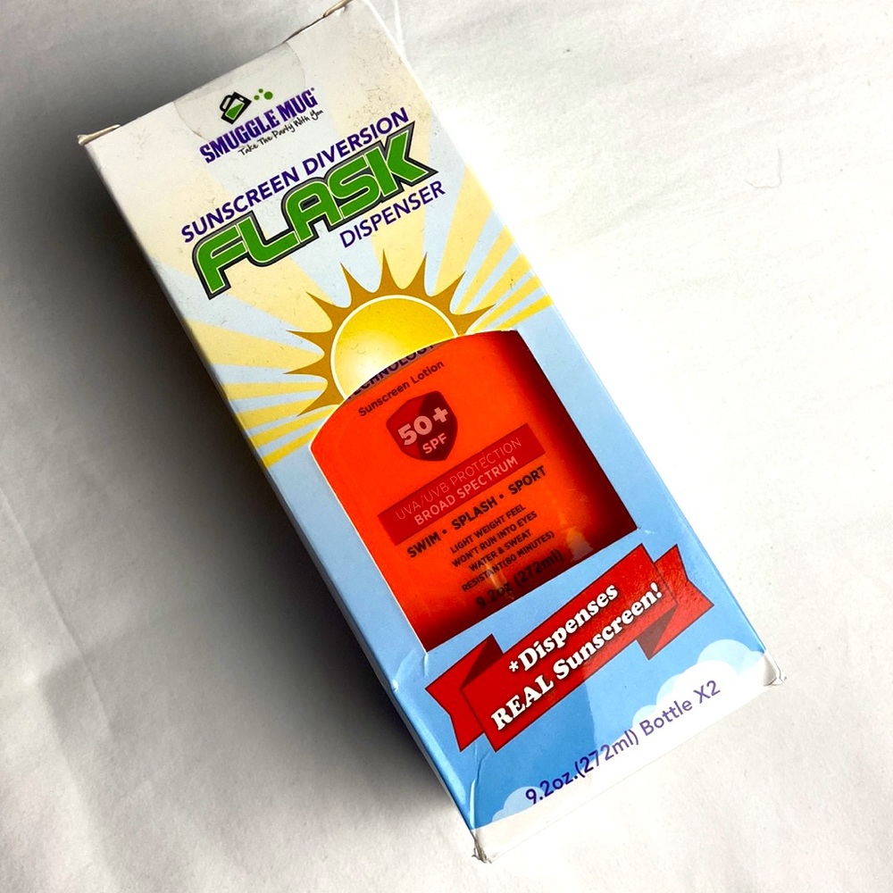 NIB sunscreen, diversion flask, dispenser 2 pack
